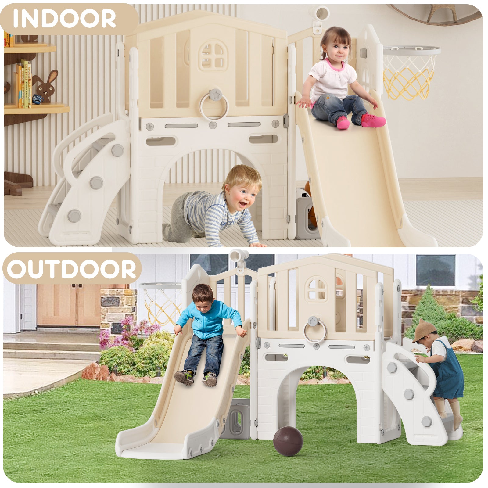 Pre-sale, XJD 8 in 1 Toddler Slide Set  Climber Slide for Age 1-3, Outdoor Indoor Playset with Basketball Hoop, Telescope, and Storage Space, Coffee/Beige