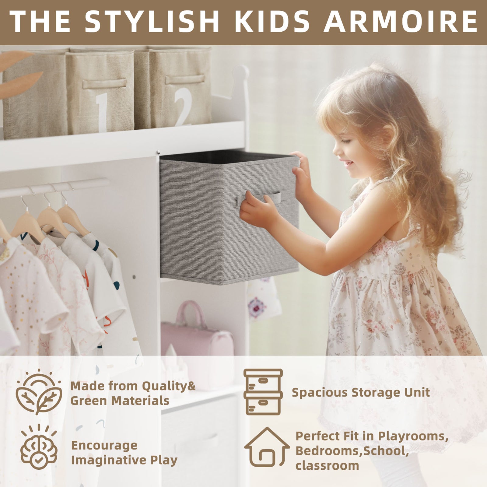 Kids Large Dress up Storage with Mirror, Kids Costume Organizer with Storage Area, White