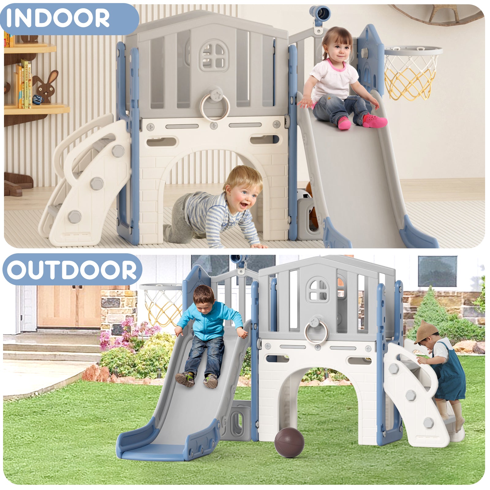 Pre-sale, XJD 8 in 1 Toddler Slide Set  Climber Slide for Age 1-3, Outdoor Indoor Playset with Basketball Hoop, Telescope, and Storage Space, Coffee/Beige
