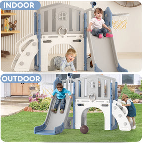 Pre-sale, XJD 8 in 1 Toddler Slide Set  Climber Slide for Age 1-3, Outdoor Indoor Playset with Basketball Hoop, Telescope, and Storage Space, Blue/Grey
