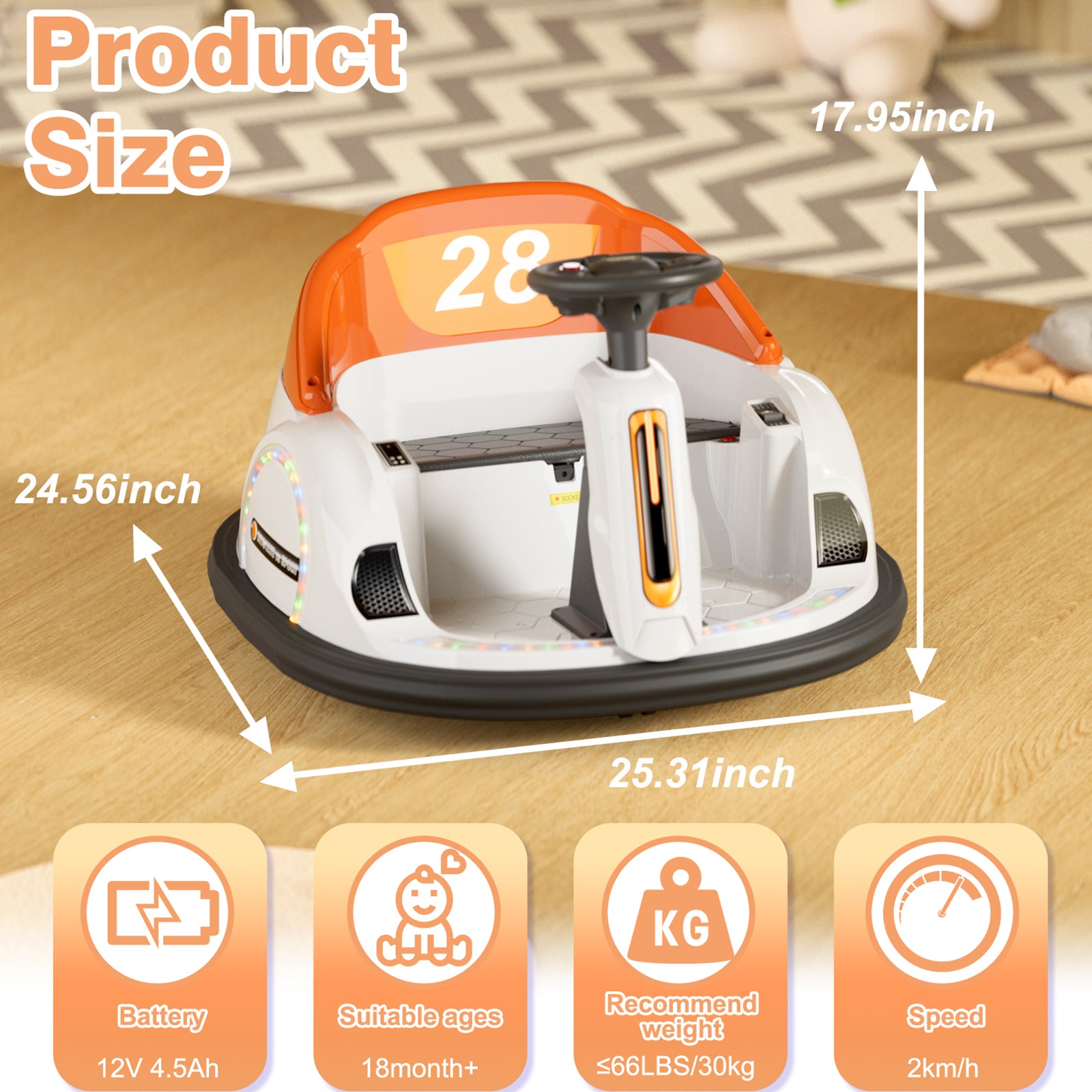 6V Electric Ride on Bumper Car Toys for Kids Toddlers 2-4 Years Old, 360° Spinning Bumping Toy Gifts Cars, Music Play, Lights, 0-2 mph, Orange