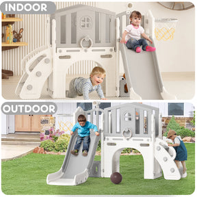 Pre-sale, XJD 8 in 1 Toddler Slide Set  Climber Slide for Age 1-3, Outdoor Indoor Playset with Basketball Hoop, Telescope, and Storage Space, Gray/Grey