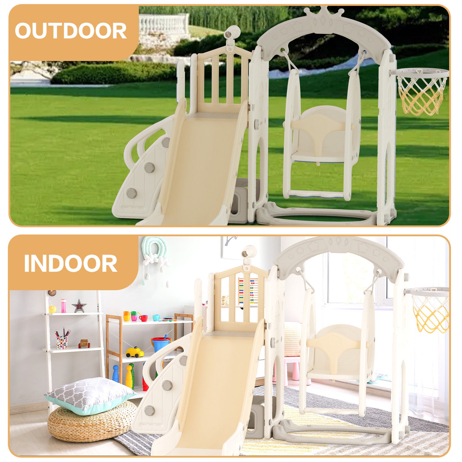 XJD 6 in 1 Toddler Slide Set Indoor Outdoor Plastic Freestanding Slide, Beige/Coffee