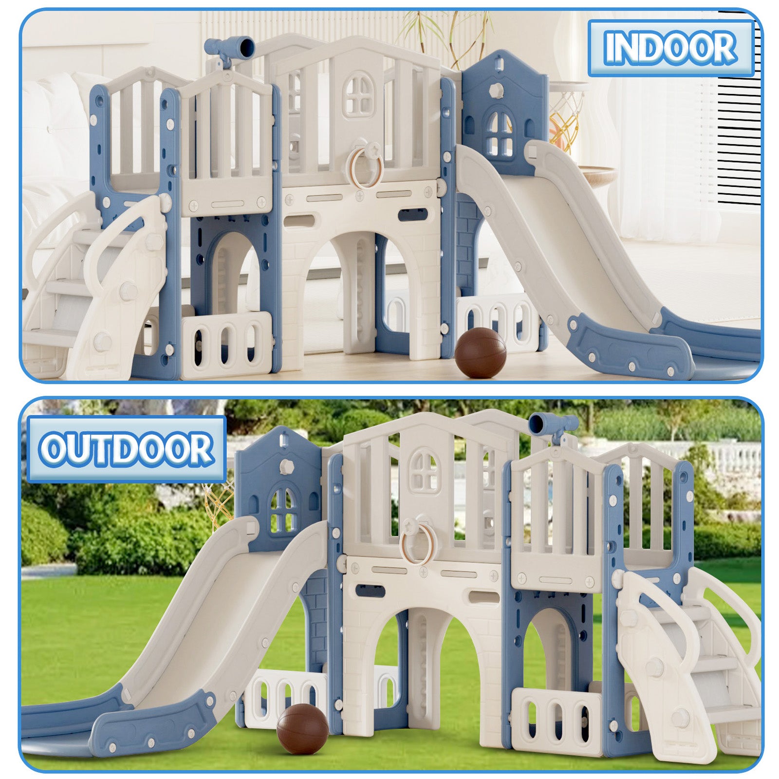 XJD 8 in 1 Toddler Slide Set Indoor Outdoor Plastic Freestanding Slide, Blue&Gray