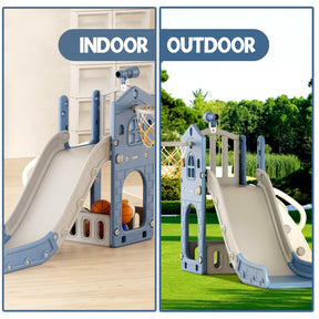 XJD 5 in 1 Toddler Slide Set  Climber Slide for Age 1-3, Outdoor Indoor Playset, Slide with Basketball Hoop, Telescope, and Storage Space, Blue/Grey