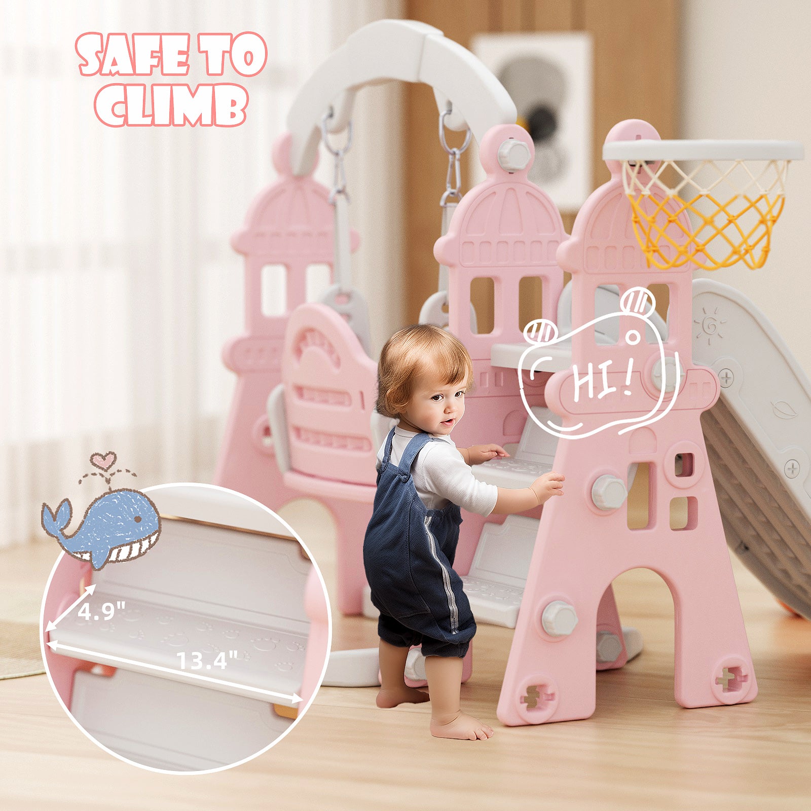 XJD 4-in-1 Toddler Slide and Swing Set, Pink