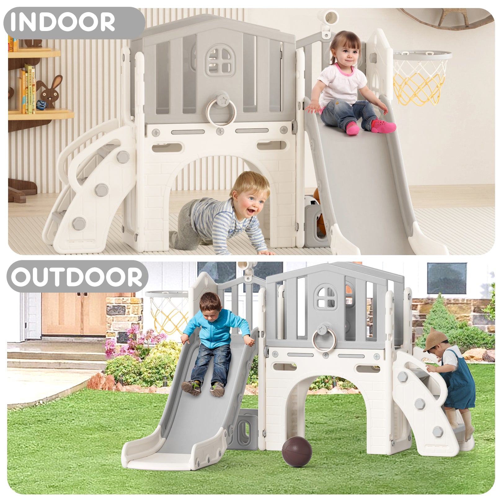 Pre-sale, XJD 8 in 1 Toddler Slide Set  Climber Slide for Age 1-3, Outdoor Indoor Playset with Basketball Hoop, Telescope, and Storage Space, Coffee/Beige