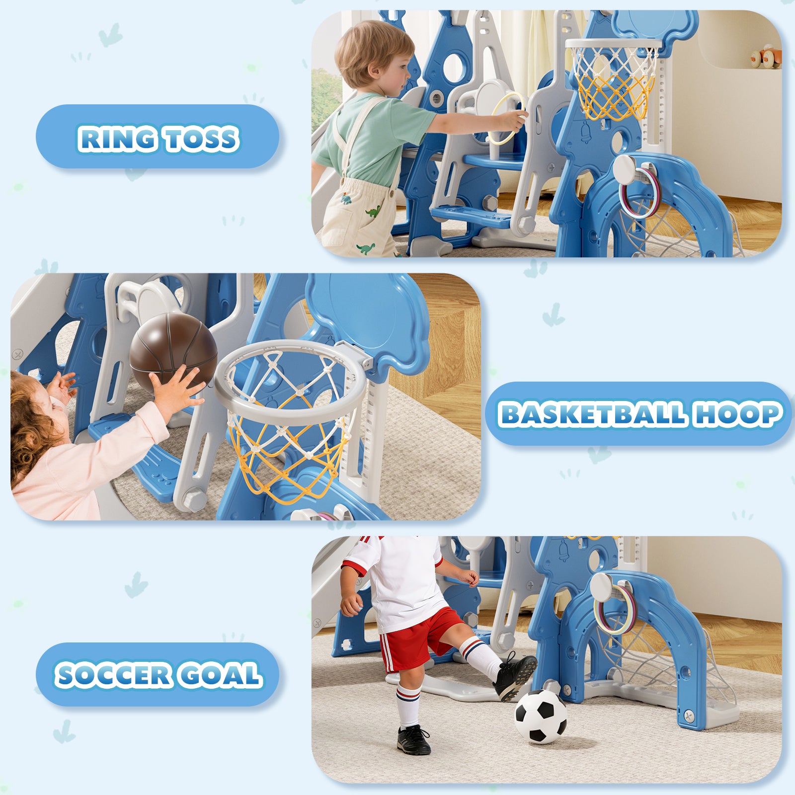 KORIMEFA 6-in-1 Kids Slide and Swing Set,  Includes Slide, Swing, Basketball Hoop, and Climber, Indoor and Outdoor Playground for Todder Age 1-5