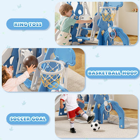 KORIMEFA 6-in-1 Kids Slide and Swing Set,  Includes Slide, Swing, Basketball Hoop, and Climber, Indoor and Outdoor Playground for Todder Age 1-5