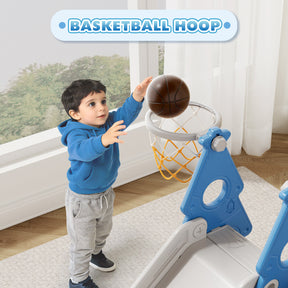 KORIMEFA 4-in-1 Kids Slide and Swing Set, Includes Slide, Swing, Basketball Hoop, and Climber