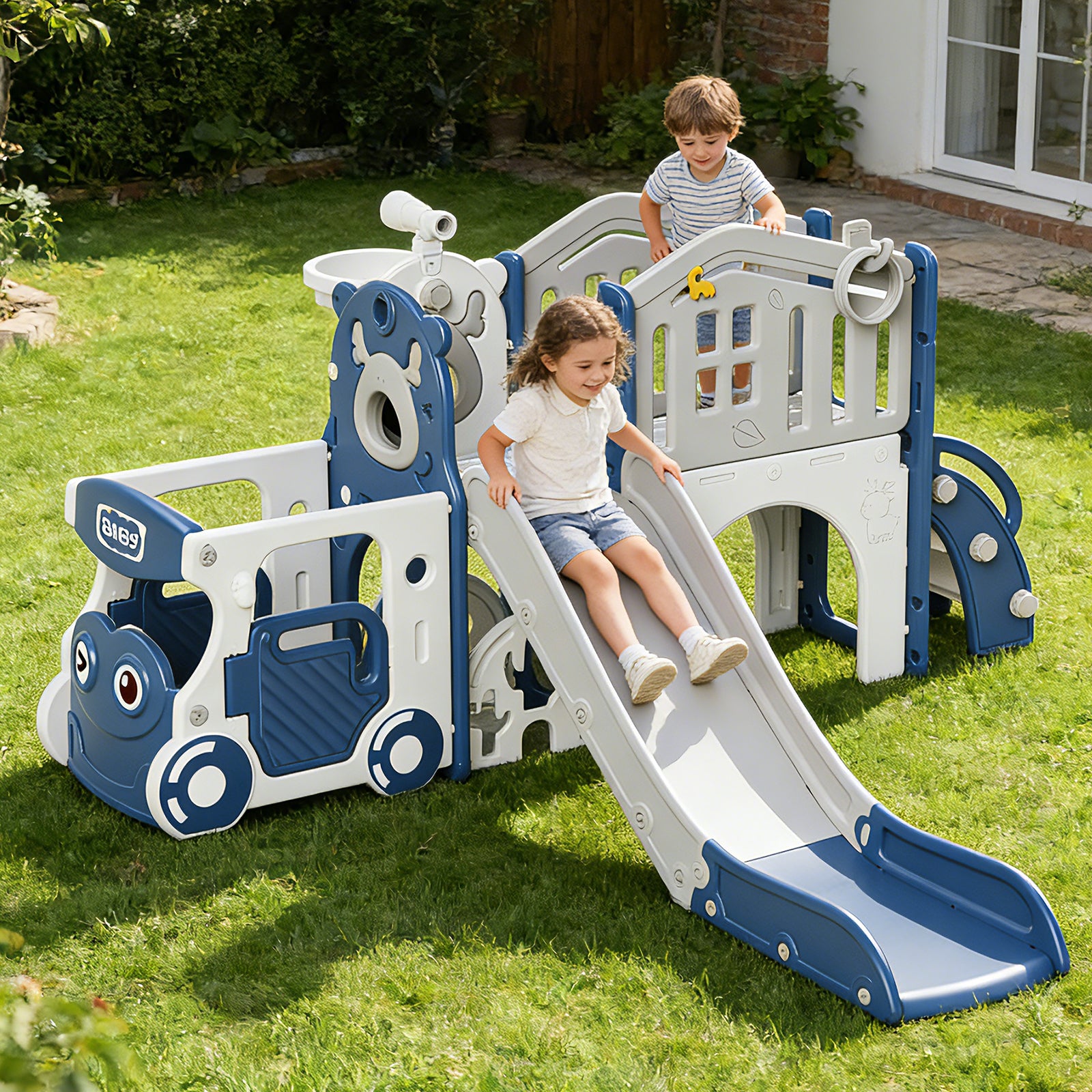 KORIMEFA 9-IN-1 Toddler Slide Set for kids Age 1-5, Bus-Themed Climber Indoor Outdoor Playset with Slide, Golf, Basketball Hoop, Climber, Wheel