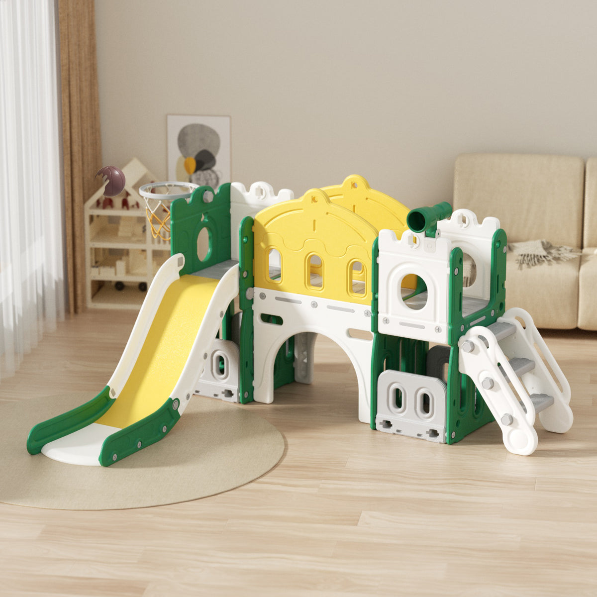 XJD 7-in-1 Kids Slide Climber with Basketball Hoop, Tunnel, Telescope, and Storage Indoor/Outdoor Toddler Play Set, Green