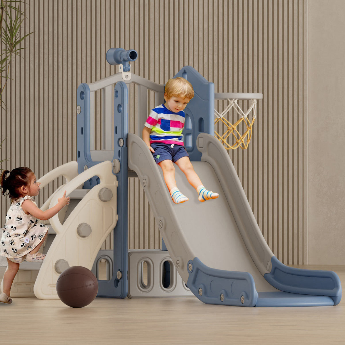 XJD 5 in 1 Toddler Slide Set  Climber Slide for Age 1-3, Outdoor Indoor Playset, Slide with Basketball Hoop, Telescope, and Storage Space, Blue/Grey