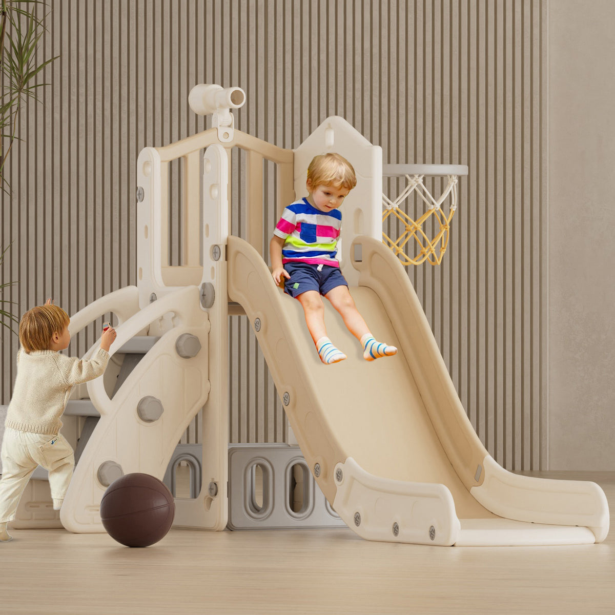 XJD 5 in 1 Toddler Slide Set  Climber Slide for Age 1-3, Outdoor Indoor Playset with Basketball Hoop, Telescope, and Storage Space, Beige/Coffee