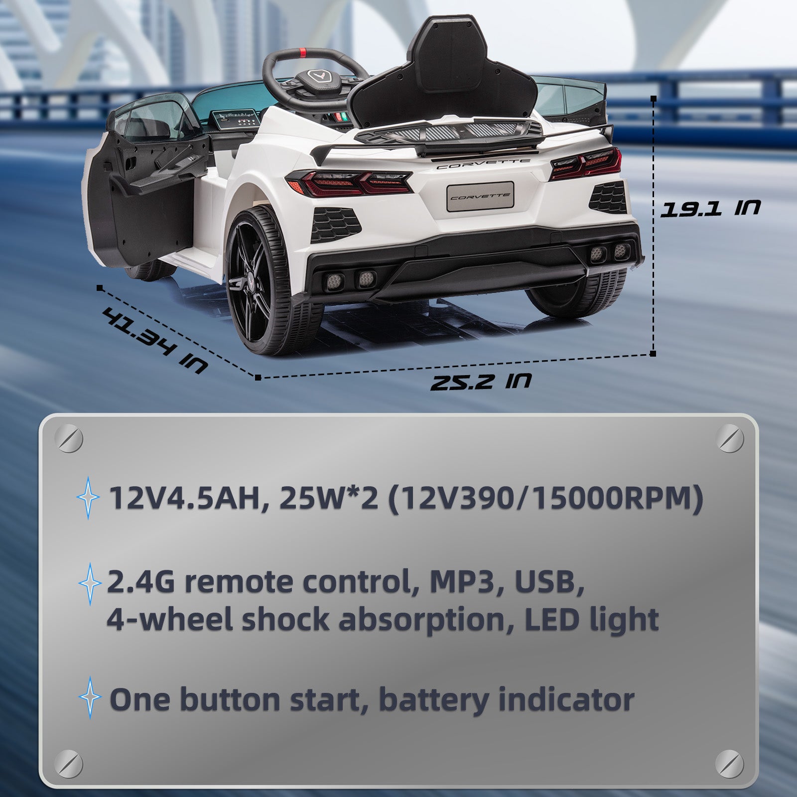 XJD Corvette C8 12V Electric Ride-On Car for Kids - Dual Speed, LED, USB, Bluetooth, Parental Control, for Ages 3+, White