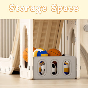 XJD 5 in 1 Toddler Slide Set  Climber Slide for Age 1-3, Outdoor Indoor Playset with Basketball Hoop, Telescope, and Storage Space, Beige/Coffee