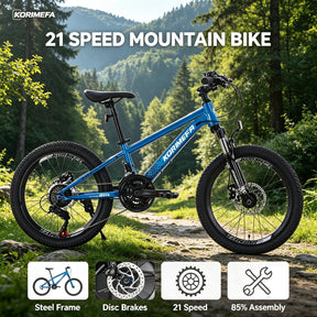 Korimefa 21-Speed Kids Bike, 20 inch Kids Mountain Bicycle for Boys Child Youth 6-12 Years Old, Double Disc Brake, Suspension Fork and Lightweight Aluminum Alloy Frame, Black