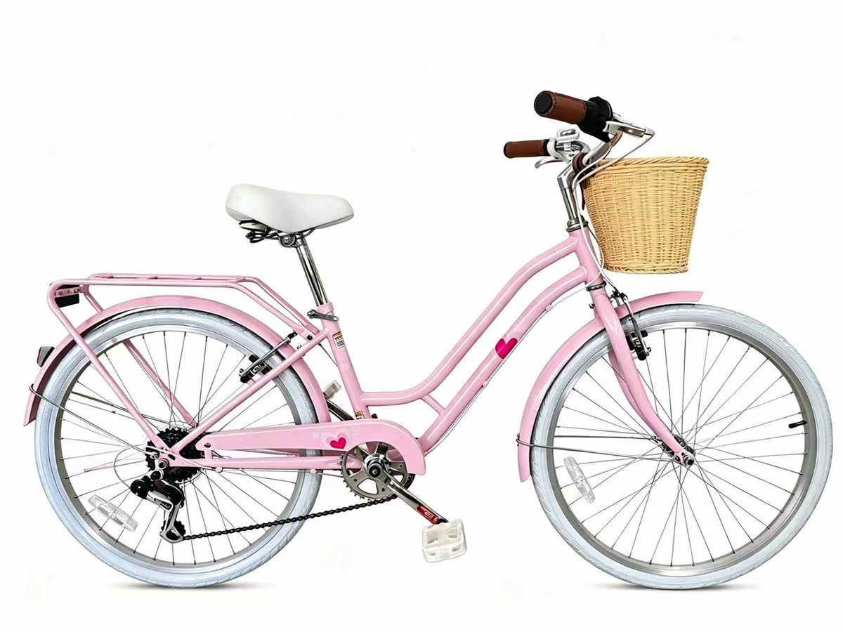 Korimefa 20 Inch Girls Bike, 6-Speed Beach Cruiser Bike for Girls Youth and Over 6 Years Old, Kids Bicycles with Dual V-Brakes Rear Rack & Wicker Basket