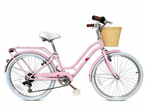 Korimefa 20 Inch Girls Bike, 6-Speed Beach Cruiser Bike for Girls Youth and Over 6 Years Old, Kids Bicycles with Dual V-Brakes Rear Rack & Wicker Basket