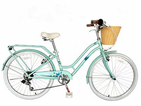 Korimefa 20 Inch Girls Bike, 6-Speed Beach Cruiser Bike for Girls Youth and Over 6 Years Old, Kids Bicycles with Dual V-Brakes Rear Rack & Wicker Basket