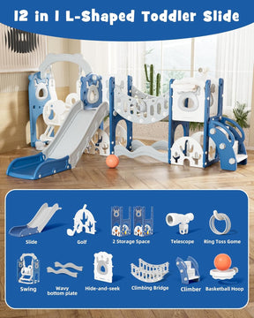 XJD 12-in-1 Toddler Slide and Swing Set, Kids Slide for Toddlers Age 1+, Toddler Outdoor Playset New Upgrade with Golf Set, Basketball Hoop, Drawing Board for Playground (Blue)