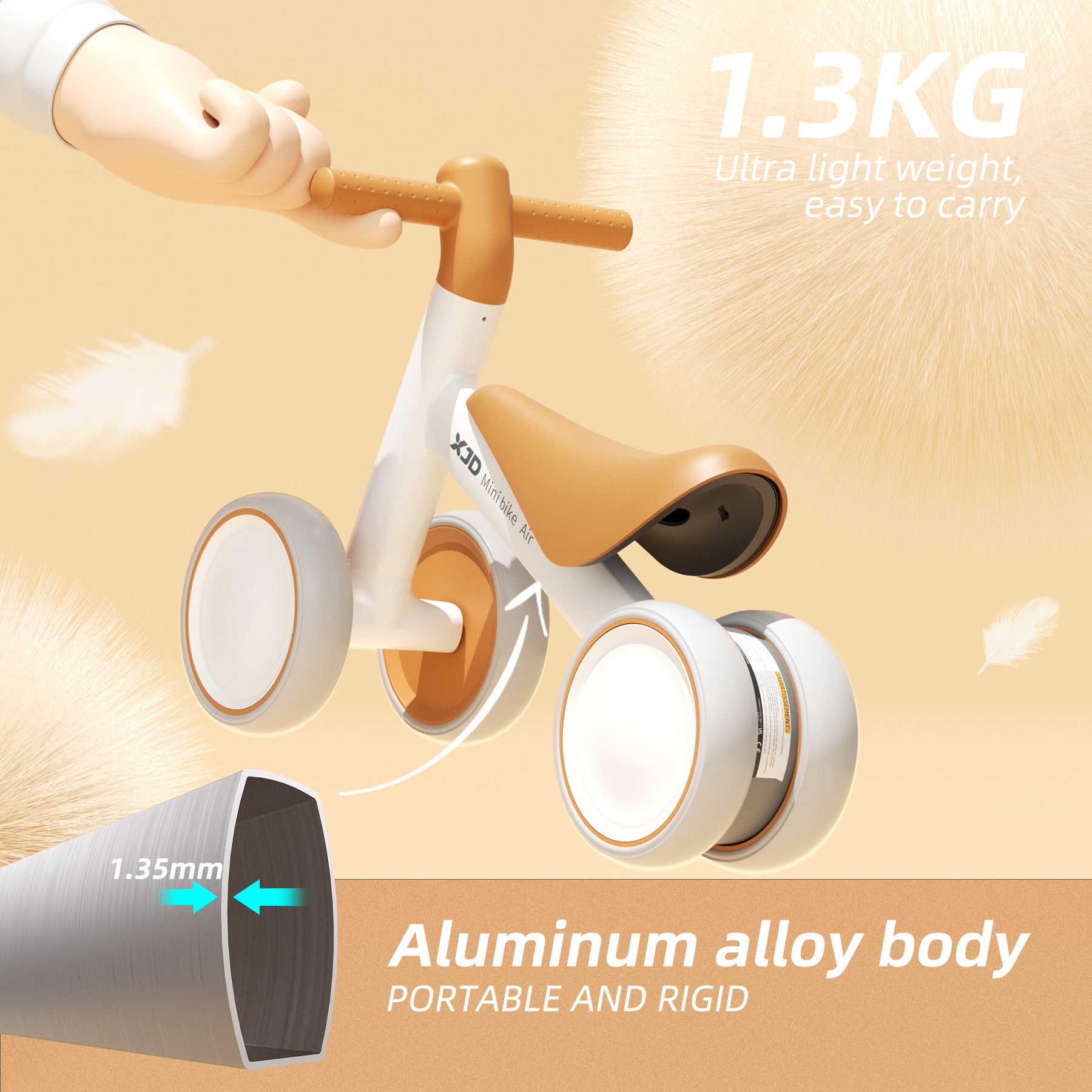 XJD Baby Balance Bike, 4 Wheels for Toddlers as A Birthday Gift - White Brown