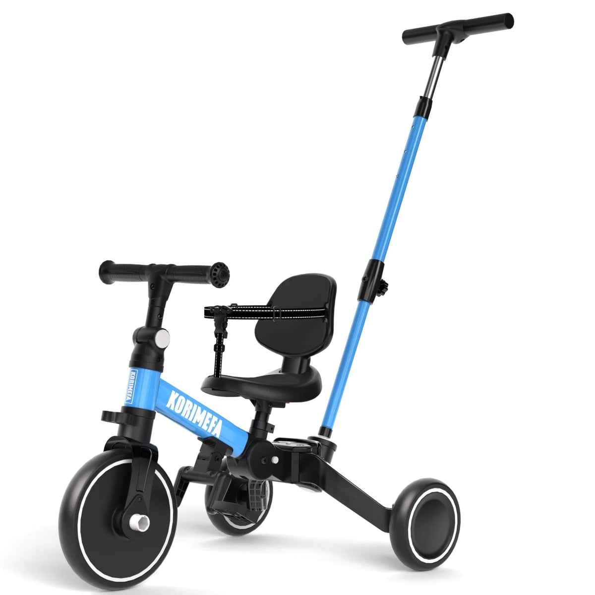 KORIMEFA Toddler Bike, 5-in-1 Folding Toddler Tricycle for 1-6 Year Old with Push Handle, Balance Bike with Removable Pedal,Backrest, Adjustable Seat Height and Handle, First Birthday Gifts,Black
