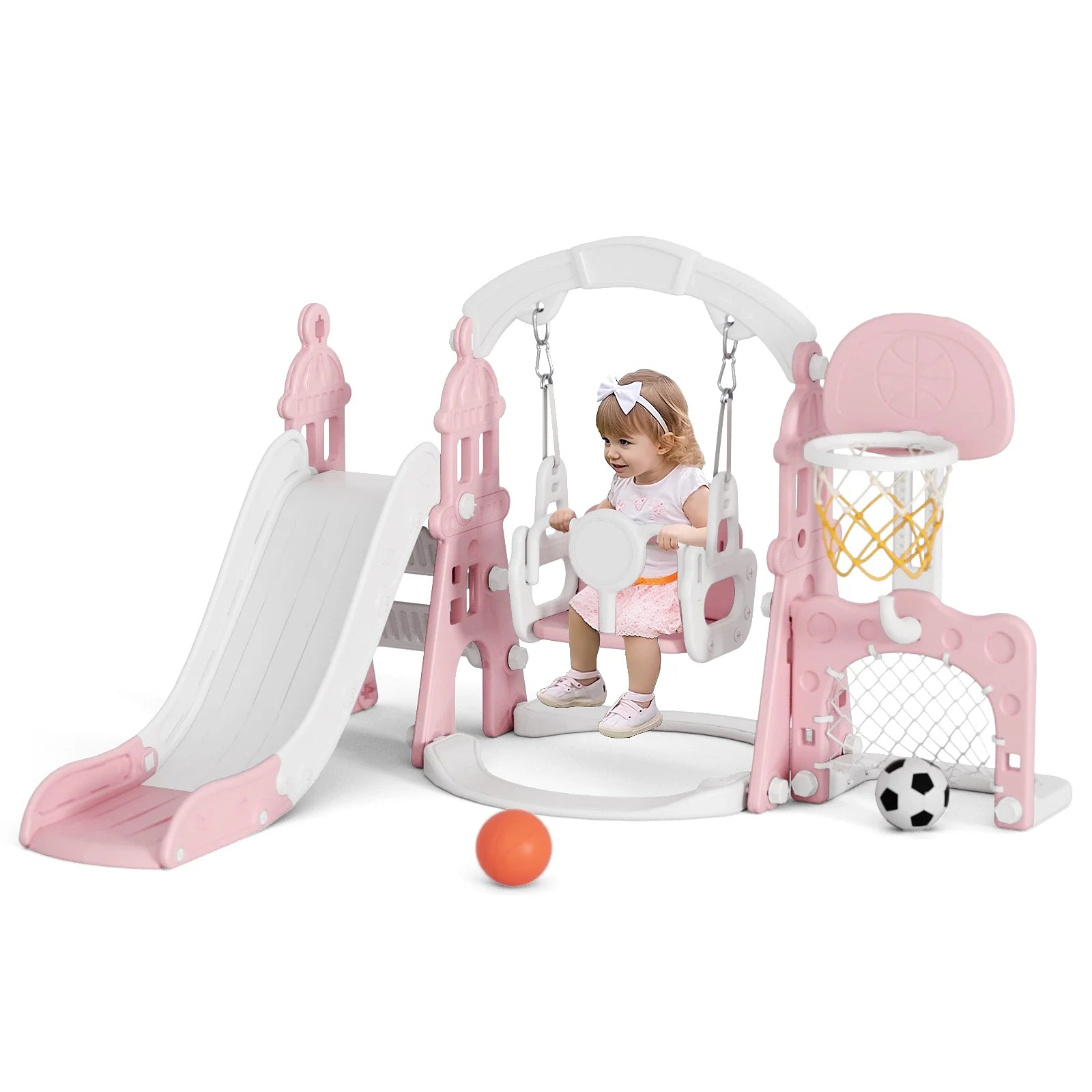 KORIMEFA 6-in-1 Kids Slide and Swing Set - Perfect for Toddlers 1-6 Years - Indoor and Outdoor Playground Slide, Swing, Basketball Hoop, and Climber Toy