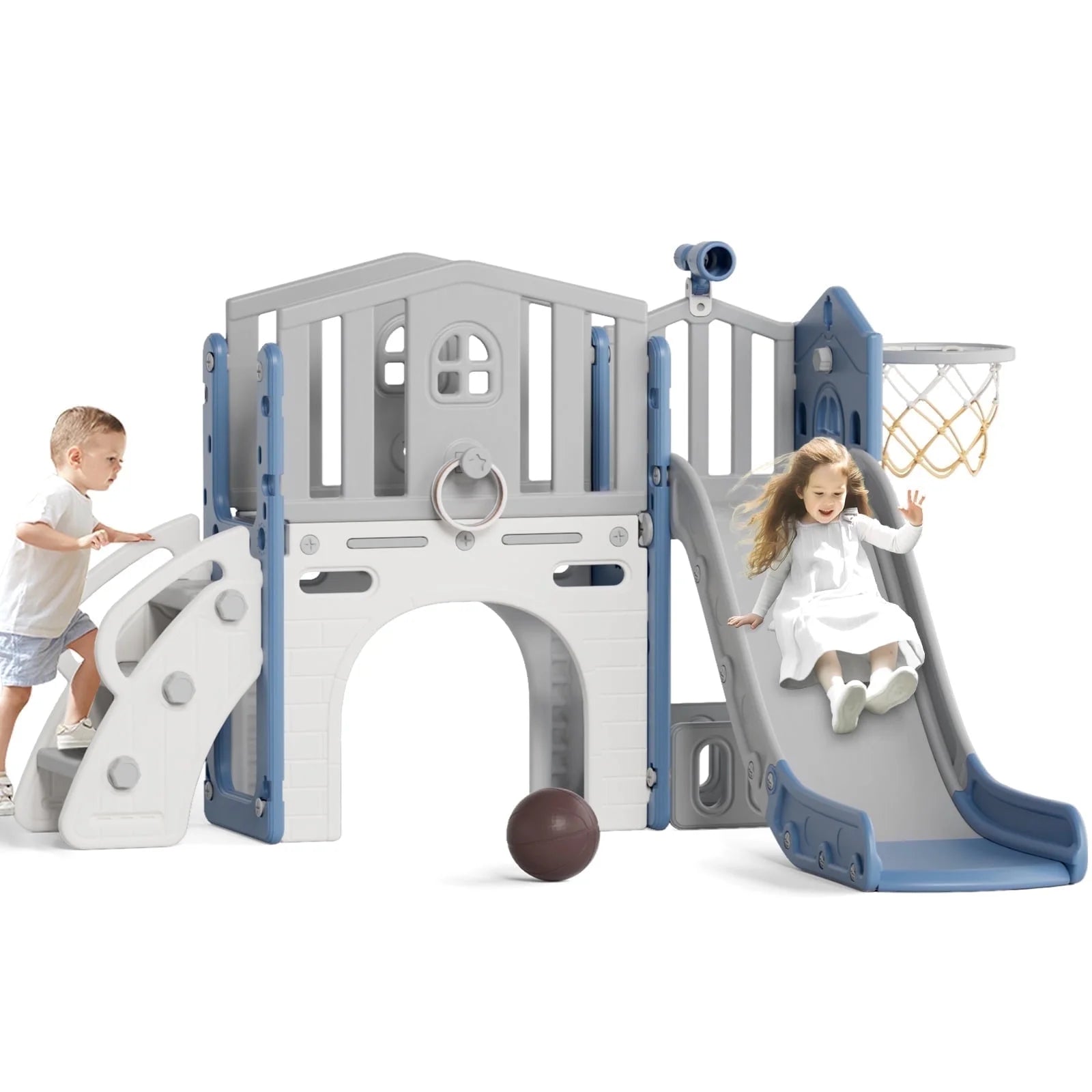 KORIMEFA 8 in 1 Kids Slide Set with Climber, Toddler Climber Slide Play Set with Basketball Hoop, Tunnel, Toddler Playground Outdoor Indoor layground Slide Playset Age 1+