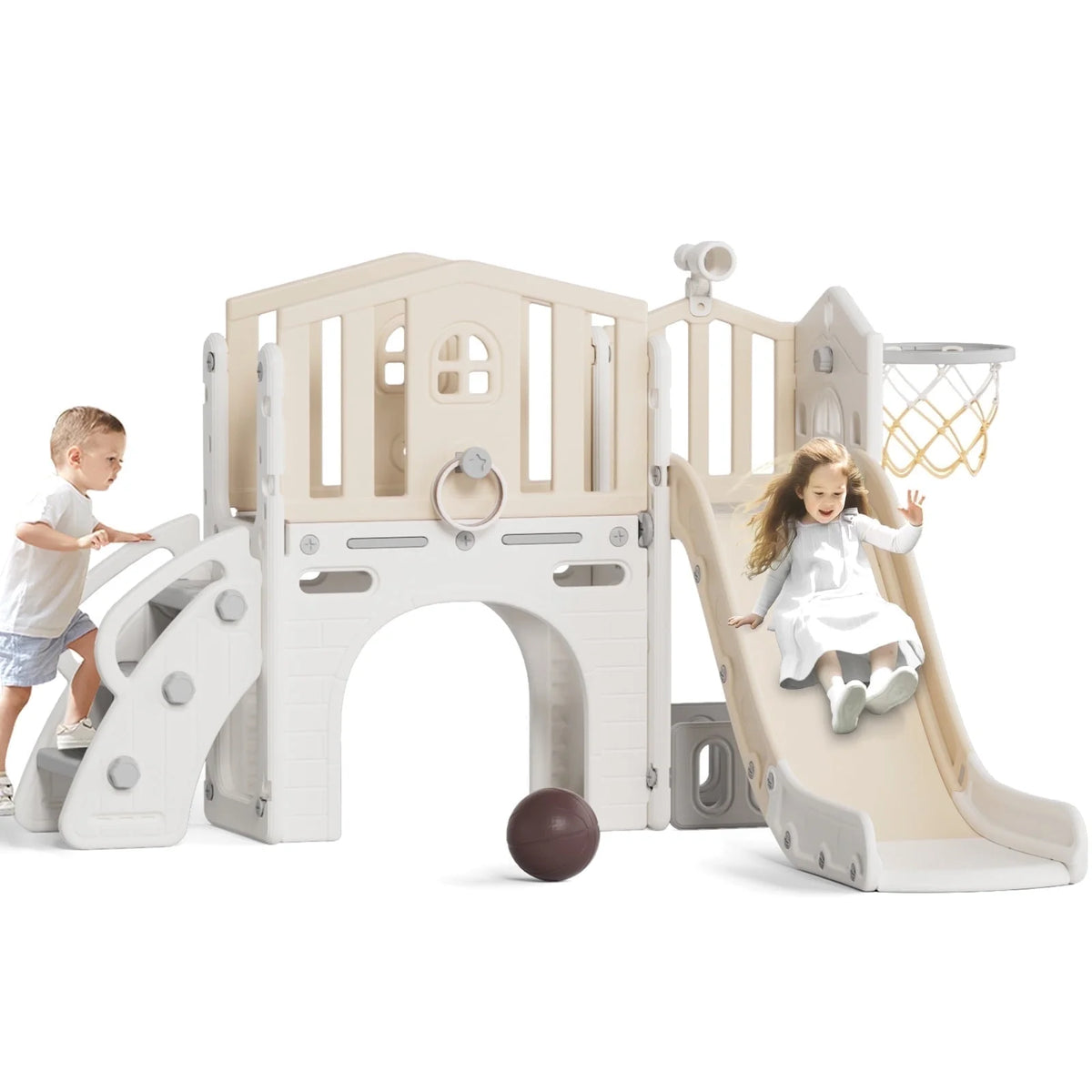 KORIMEFA 8 in 1 Kids Slide Set with Climber, Toddler Climber Slide Play Set with Basketball Hoop, Tunnel, Toddler Playground Outdoor Indoor layground Slide Playset Age 1+