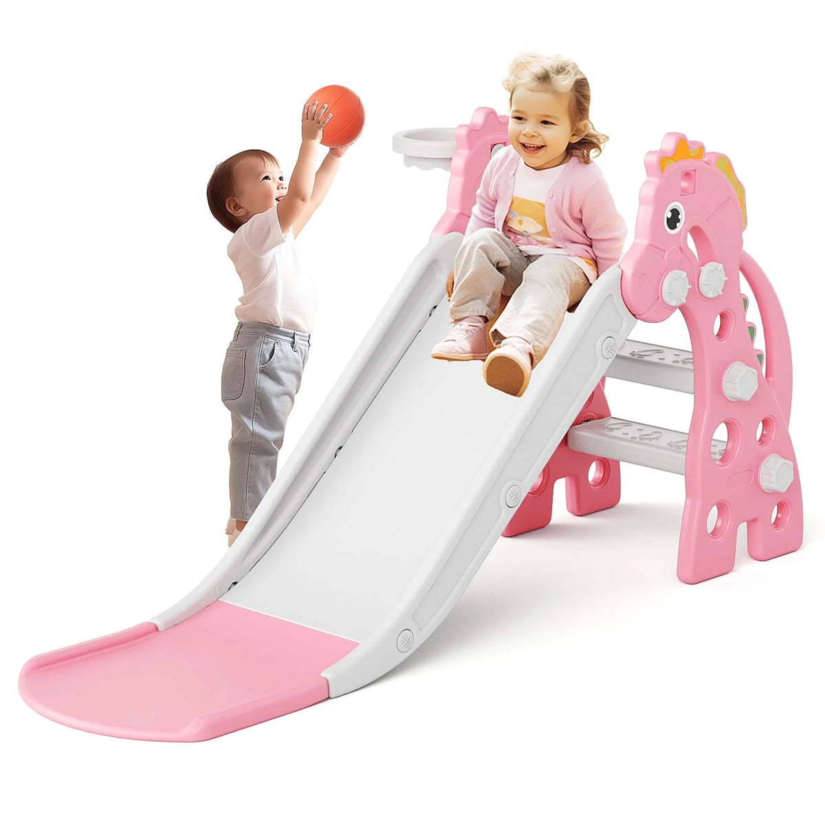 KORIMEFA Toddler Slide Indoor for Toddlers 1-3 Baby Slide Outdoor Playset with Basketball Hoop and Ball Plastic Foldable Slides for Kids Backyard Climber Set, Blue