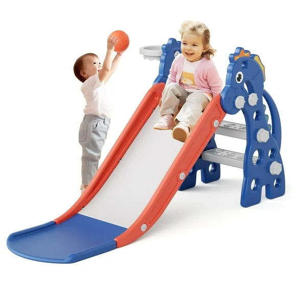 KORIMEFA Toddler Slide Indoor for Toddlers 1-3 Baby Slide Outdoor Playset with Basketball Hoop and Ball Plastic Foldable Slides for Kids Backyard Climber Set, Blue