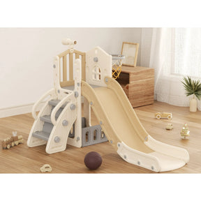 KORIMEFA 6-in-1 Toddler Slide for Age 1-3, L-Shaped Kids Slide with Basketball Hoop and Telescope, Outdoor and Indoor Playground Climber Playset Toys, Blue Gray