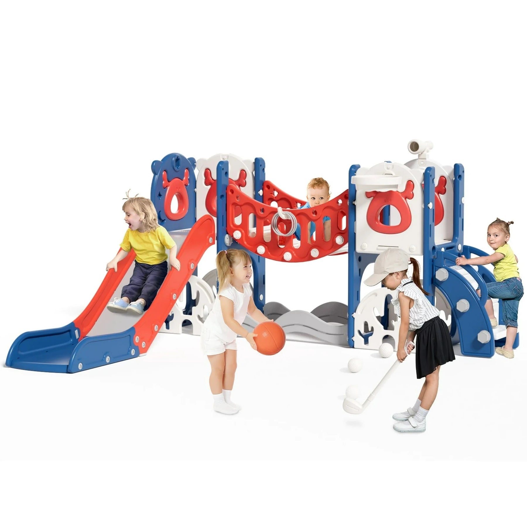 KORIMEFA 8 in 1 Toddler Slide, Kid Slide for Toddlers Age 1-3 with Ring Toss, Basketball Hoop, and Telescope, Indoor Outdoor Slide Toddler Playset Toddler Playground