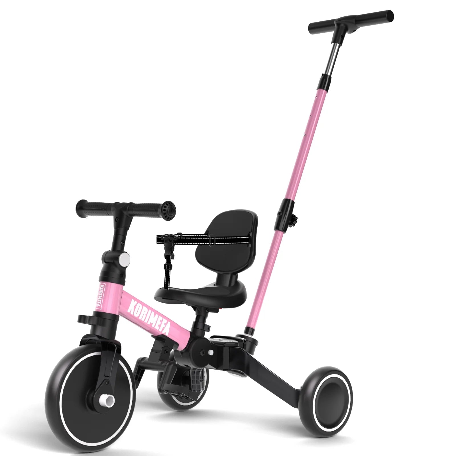 KORIMEFA Toddler Bike, 5-in-1 Folding Toddler Tricycle for 1-6 Year Old with Push Handle, Balance Bike with Removable Pedal,Backrest, Adjustable Seat Height and Handle, First Birthday Gifts,Black