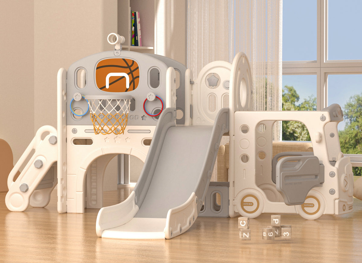 XJD 10-in-1 Toddler Slide Set Freestanding Climber Playset with Basketball Hoop and Ball Versatile Playset for Kids, Beige Grey