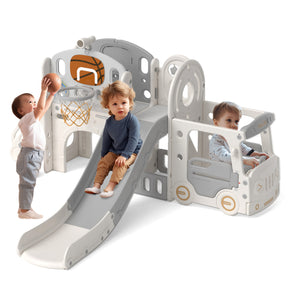 XJD 10-in-1 Toddler Slide Set Freestanding Climber Playset with Basketball Hoop and Ball Versatile Playset for Kids, Beige Grey