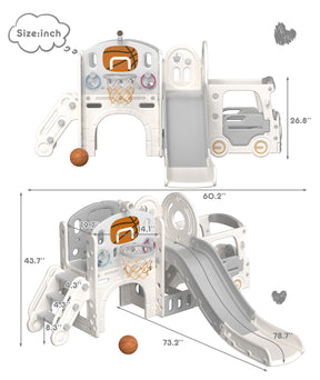 XJD 10-in-1 Toddler Slide Set Freestanding Climber Playset with Basketball Hoop and Ball Versatile Playset for Kids, Beige Grey