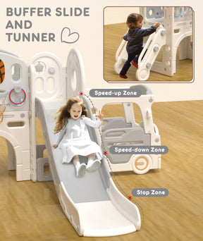 XJD 10-in-1 Toddler Slide Set Freestanding Climber Playset with Basketball Hoop and Ball Versatile Playset for Kids, Beige Grey