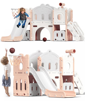 XJD 7-in-1 Kids Slide Climber with Basketball Hoop, Tunnel, Telescope, and Storage Indoor/Outdoor Toddler Play Set, Pink