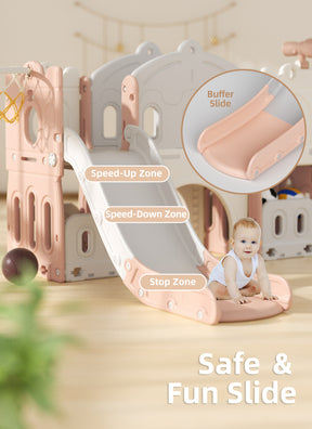 XJD 7-in-1 Kids Slide Climber with Basketball Hoop, Tunnel, Telescope, and Storage Indoor/Outdoor Toddler Play Set, Pink