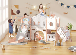 XJD 7-in-1 Kids Slide Climber with Basketball Hoop, Tunnel, Telescope, and Storage Indoor/Outdoor Toddler Play Set, Pink