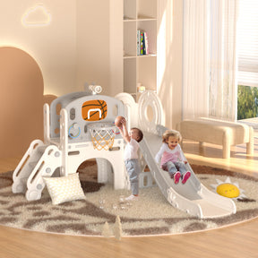 XJD 8-in-1 Kids Slide with Climber with Basketball Hoop, Tunnel, Telescope and Storage Space, Freestanding Indoor/Outdoor Toddler Play Set, White Gray