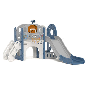 XJD 8-in-1 Kids Slide with Climber with Basketball Hoop, Tunnel, Telescope and Storage Space, Freestanding Indoor/Outdoor Toddler Play Set, Blue