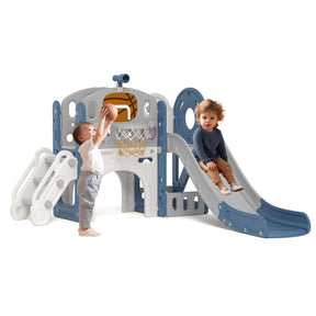 XJD 8-in-1 Kids Slide with Climber with Basketball Hoop, Tunnel, Telescope and Storage Space, Freestanding Indoor/Outdoor Toddler Play Set, Blue