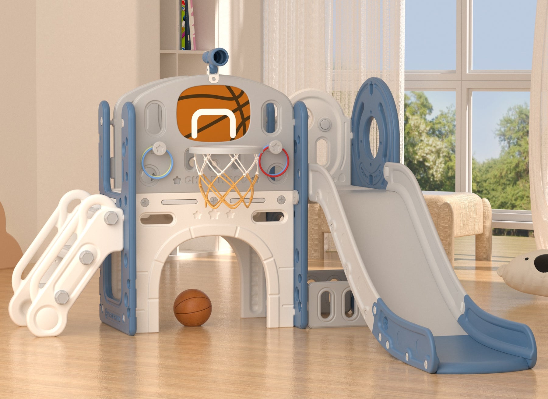 XJD 8-in-1 Kids Slide with Climber with Basketball Hoop, Tunnel, Telescope and Storage Space, Freestanding Indoor/Outdoor Toddler Play Set, Blue