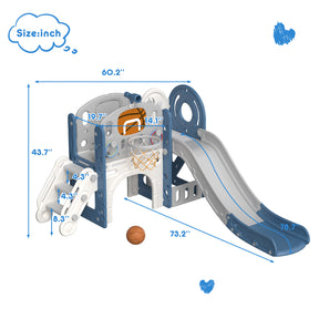 XJD 8-in-1 Kids Slide with Climber with Basketball Hoop, Tunnel, Telescope and Storage Space, Freestanding Indoor/Outdoor Toddler Play Set, Blue