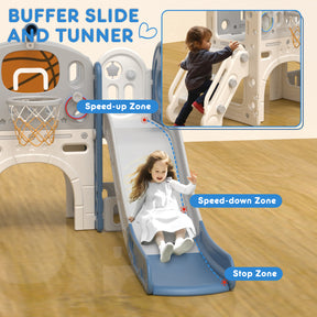 XJD 8-in-1 Kids Slide with Climber with Basketball Hoop, Tunnel, Telescope and Storage Space, Freestanding Indoor/Outdoor Toddler Play Set, Blue
