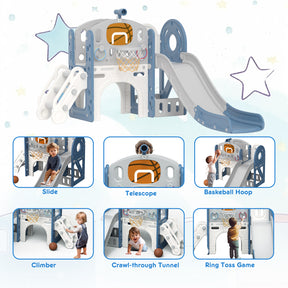 XJD 8-in-1 Kids Slide with Climber with Basketball Hoop, Tunnel, Telescope and Storage Space, Freestanding Indoor/Outdoor Toddler Play Set, Blue