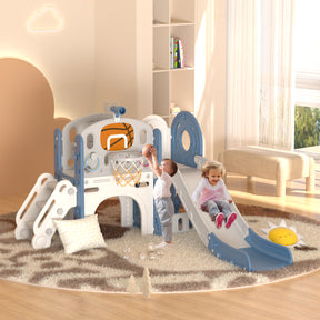 XJD 8-in-1 Kids Slide with Climber with Basketball Hoop, Tunnel, Telescope and Storage Space, Freestanding Indoor/Outdoor Toddler Play Set, Blue